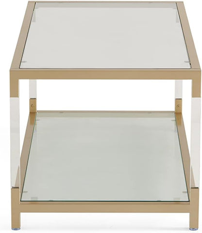 AGV LIGHTING 202205 BLEVIO Coffee Table, Modern Design Dual-Layer Coffee Table, Perfect for Living Space, Ultra-Clear Glass Top, Transparent Acrylic Leg & Gold Finish Metal Frame
