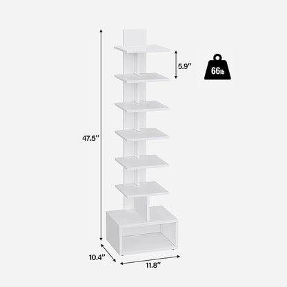 TUTOTAK Narrow Bookshelf, Vertical 8-Tier Bookcase, Spine Book Shelf for Small Space, Small Standing Shelf for Living Room, Office, Study, Entryway, White BS07BW008