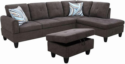 Dark Brown L-Shaped 3-Piece Flannel Sofa with Storage Ottoman Set, Sectional Couch Sofa Set for Living Room, Office, Small Space