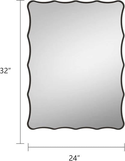 24x32 Black Bathroom Mirror for Wall, Rectangle Framed Mirror for Bathroom, Decorative Wall Mirror with Wavy Frame, Anti-Rust(Horizontal/Vertical)