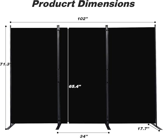 Room Divider, 3 Panel Folding Privacy Screens with Wider Support Feet, 6 Ft Portable Room Partition for Room Separator, 102" W X 71" H, Black
