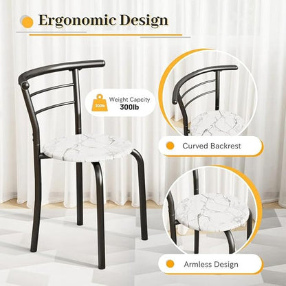 Shahoo 3-Piece Wooden Dining Table Set, Kitchen Breakfast Nook Sets with 2 Chairs & Round Tabletop, Space Saving Furniture Metal Frame and Built-in Wine Rack, Marble White & Black