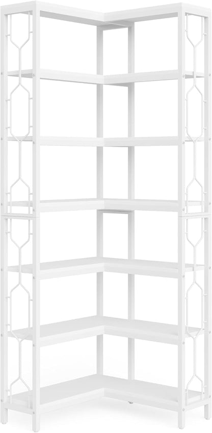 Tribesigns Corner Shelf, 7-Tier Industrial Corner Bookshelf, Wood and Metal Corner Etagere Bookcase, Freestanding Display Shelf for Living Room, Kitchen, Home Office, White