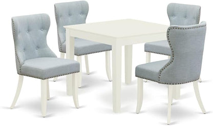 East West Furniture OXSI5-LWH-15 5 Piece Dining Table Set for 4 Includes a Square Kitchen Table and 4 Baby Blue Linen Fabric Upholstered Parson Chairs, 36x36 Inch, Linen White