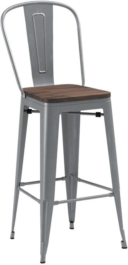 Yongqiang 30 inch Bar Stools Set of 4 Farmhouse Bar Height Stools High Back Kitchen Bar Chairs Silver Metal Barstools with Wooden Seat…