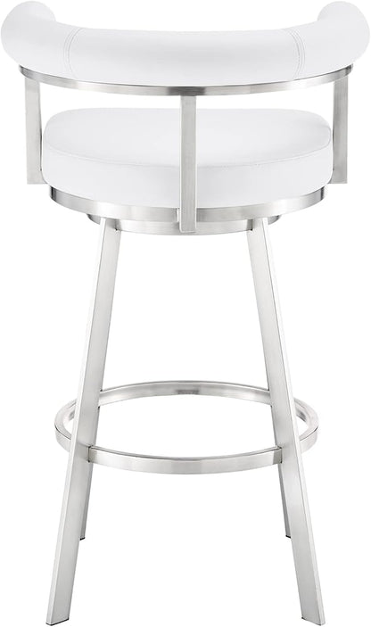 Armen Living Magnolia Swivel Counter Stool in Brushed Stainless Steel with White Faux Leather