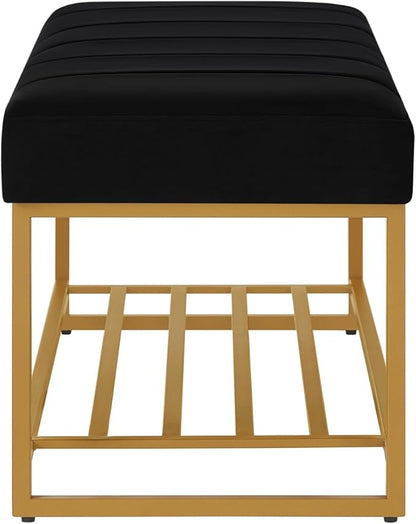 24KF Black Velvet Upholstered End of Bed Bench with Metal Shelf, Modern Tufted Channel Entryway Bench Footboard Bench for Living Room, Bedroom, Gold Bench,5036-Black