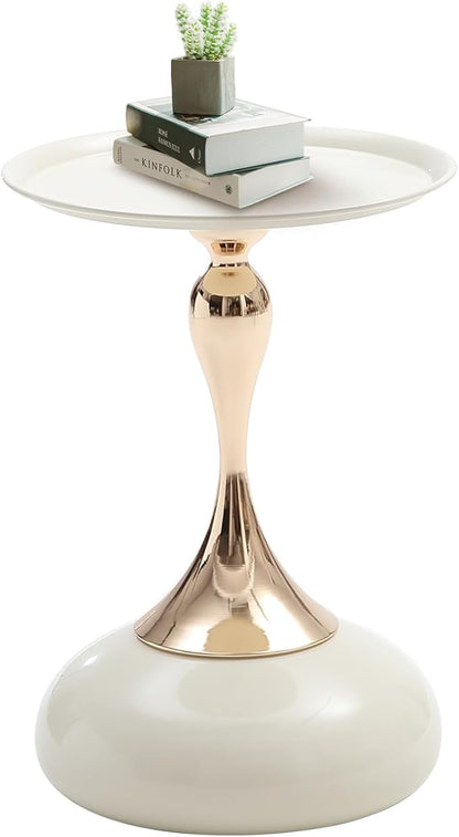 White Pedestal Side Table for Small Spaces, Metal Round Unique End Tables Living Room Modern Corner Accent Table, Martini Table Small Drink Table for Couch, Sofa, Recliner