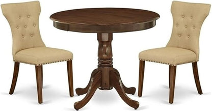 East West Furniture ANGA3-AWA-03 3 Piece Dining Set Contains a Round Dining Room Table with Pedestal and 2 Upholstered Chairs, 36x36 Inch, Antique Walnut