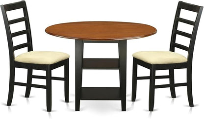 East West Furniture SUPF3-BCH-C 3 Piece Dining Room Table Set Contains a Round Kitchen Table with Dropleaf & Shelves and 2 Linen Fabric Upholstered Chairs, 42x42 Inch, Black & Cherry