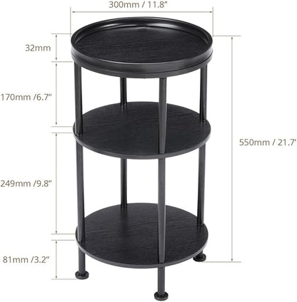 Small Round Side Table for Small Spaces, 3-Tier Round Accent Table Slim Side Table, Modern Sofa Corner Table for Living Room Nightstand Bedroom (Black)