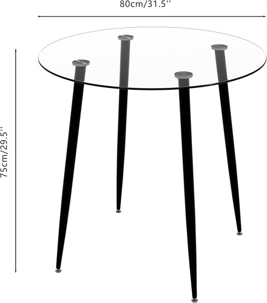 Tempered Glass Dining Table 32 Inch Round Kitchen Table with Black Metal Legs Modern Dinner Table for Dining Room Kitchen Small Space