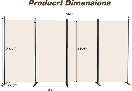 Room Divider, 4 Panel Folding Privacy Screens with Wider Support Feet, 6 Ft Portable Room Partition for Room Separator, 136" W X 71" H, Beige