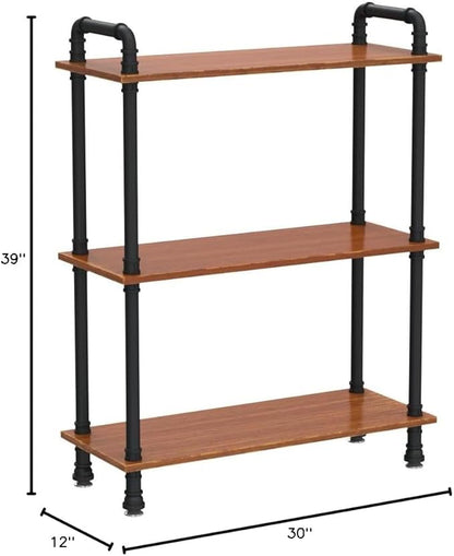 Industrial Bookshelf, 3 Tier Pipe Shelving, Industrial Pipe Shelf - Rustic Brown, 29.5" L x 11.8" W x 39" H