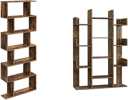 VASAGLE 6-Tier Bookshelf, Tall Display Shelf, Freestanding Storage Shelf, Rustic Brown ULBC61BX Tree-Shaped Bookcase with 13 Storage Shelves, 9.8”D x 33.9”W x 55.1”H, Rustic Brown ULBC67BXV1