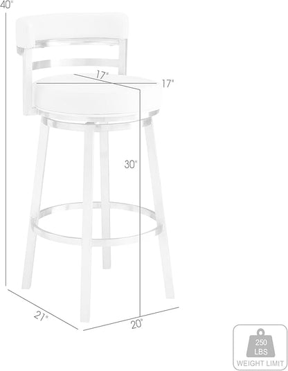 Armen Living Titana 30" Bar Height Swivel White Faux Leather and Brushed Stainless Steel Bar Stool