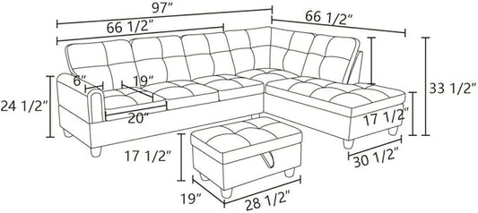 Brown L-Shaped 3-Piece Faux Leather Sofa with Storage Ottoman Set, Sectional Couch Sofa Set for Living Room, Office, Small Space