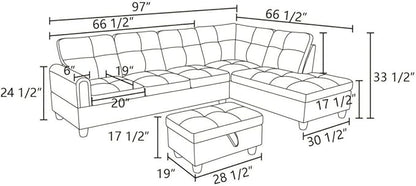 Blue L-Shaped 3-Piece Flannel Sofa with Storage Ottoman Set, Sectional Couch Sofa Set for Living Room, Office, Small Space