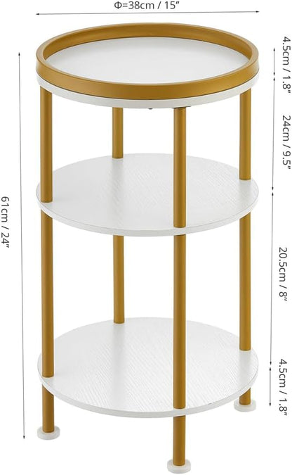 Small Round End Table with Charging Station, 3-Tier Accent Couch Beside Table with USB Ports & Power Outlets, Sofa Side Table for Living Room Small Nightstand Bedroom (Classic, White+Gold)