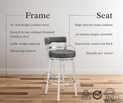 Armen Living Madrid 26" Counter Height Swivel Modern Gray Faux Leather and Brushed Stainless Steel Bar Stool for Kitchen Island Counter
