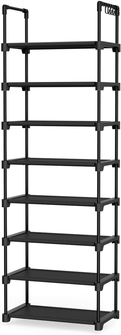 Tall Shoe Rack 8 Tiers, 16-20 Pairs Shoe and Boots Organizer Storage Sturdy Shoe Shelf, Narrow Vertical Shoe Rack for Entryway, Closet, Metal Shoe Organizer with 5 Hooks