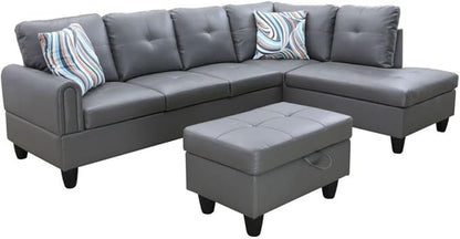 Dark Grey L-Shaped 3-Piece Faux Leather Sofa with Storage Ottoman Set, Sectional Couch Sofa Set for Living Room, Office, Small Space