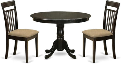 East West Furniture HLCA3-CAP-C 3 Piece Modern Dining Table Set Contains a Round Wooden Table with Pedestal and 2 Linen Fabric Upholstered Dining Chairs, 42x42 Inch, Cappuccino