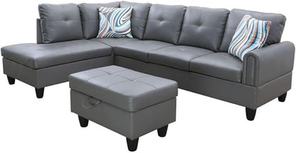 Dark Grey L-Shaped 3-Piece Faux Leather Sofa with Storage Ottoman Set, Sectional Couch Sofa Set for Living Room, Office, Small Space