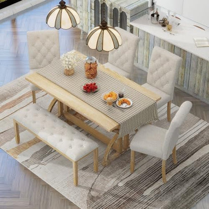 SogesHome 6-Piece Dining Table Set with Upholstered Chairs and Bench, Modern Retro Rectangular Kitchen Table, Rustic Farmhouse Style Decor Dining Table for Dining Room, Breakfast (Natural Wood Wash)