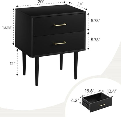 Smart FENDE 26 inch Tall Black Nightstand with 2 Drawers, ModernNight Stand Set of 2, Mid-Century Modern End Table, Wooden Bedside Table with Solid Wood Leg for Bedroom