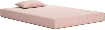 Signature Design by Ashley Twin Size iKidz 7 Inch Firm Gel Memory Foam Mattress with Stretch Knit Cover & Pillow Included, Pink Coral, Fiberglass Free, Mattress in A Box
