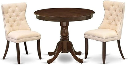 East West Furniture ANDA3-AWA-32 3 Piece Modern Dining Table Set Consists of a Round Kitchen Table with Pedestal and 2 Polyester Fabric Padded Chairs, 36x36 Inch, Antique Walnut