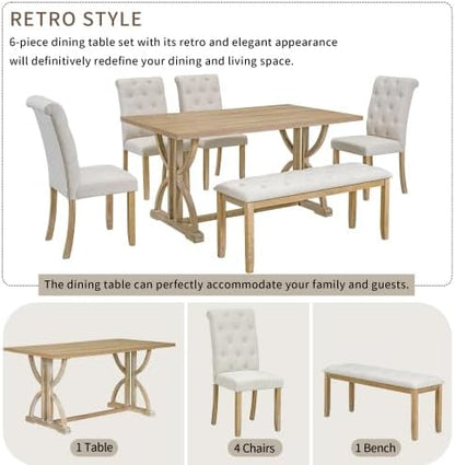 SogesHome 6-Piece Dining Table Set with Upholstered Chairs and Bench, Modern Retro Rectangular Kitchen Table, Rustic Farmhouse Style Decor Dining Table for Dining Room, Breakfast (Natural Wood Wash)