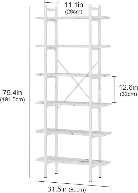 Bookshelf 6 Tiers White Wooden Storage Shelf,Modern Open Display Storage Bookcase Book Organizer,Metal Bookshelf Standing Storage Shelf Tall Shelving Units for Home Office Study