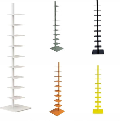 9-Tier Spine Bookshelf Metal Bookcase 5 Colors Vertical Bookshelf Tower Rotating Tall Narrow Bookshelf Ladder Book Rack Indoor (White)