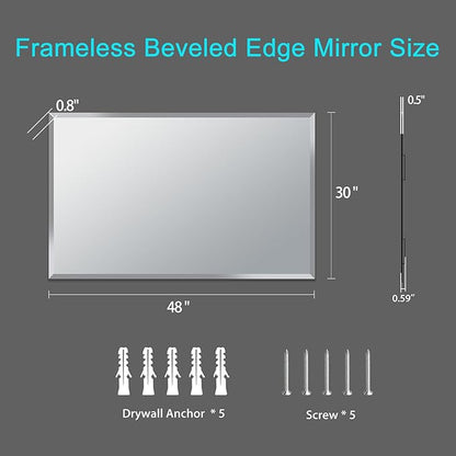 Beveled Mirror, 48"x30" Inch Beveled Frameless Mirror for Bathroom, Rectangular Beveled Edge Bathroom Vanity Mirror, Upgraded Shatterproof Wall Mirror, Hangs Horizontally or Vertically.