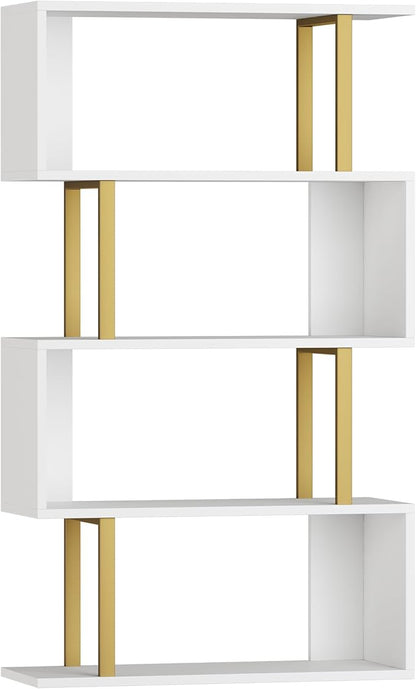 Yusong Geometric Bookcase, S Shaped Bookshelf 4-Tier Book Shelves for Bedroom, Modern Wood Decorative Display Shelf Tall Book Case for Home Office, Gold and White
