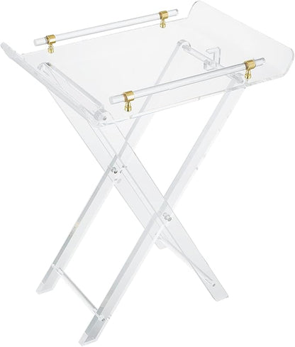 LIKENOW Furniture Acrylic Folding Tray Tables for Living Room,Bedroom,Lobby,Clear Small Side Tables with Handle for Coffee,Drink,Food,Snack,Modern Foldable Lucite End Table with X Leg for Decor