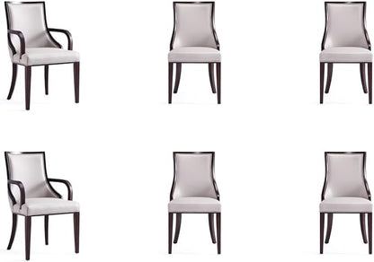 Manhattan Comfort Grand Faux Leather Dining Chairs, Traditional Design with Rectangular Channeling, Solid Beech Wood Frame, Walnut Finish, 300 lb Capacity, Fully Assembled, Set of 6, Light Grey