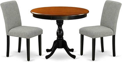 East West Furniture AMAB3-BCH-06 3 Piece Dining Table Set for Small Spaces Contains a Round Kitchen Table with Pedestal and 2 Shitake Linen Fabric Upholstered Chairs, 36x36 Inch, Black & Cherry