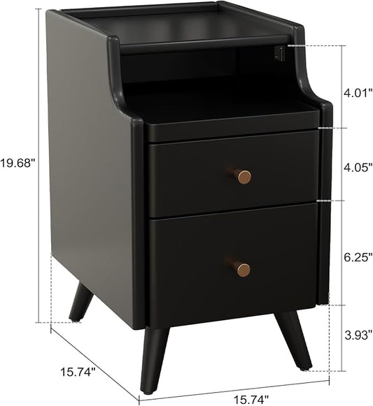 Wood Nightstand, Black Nightstand with 2 Drawers, Bedside Table for Bedroom