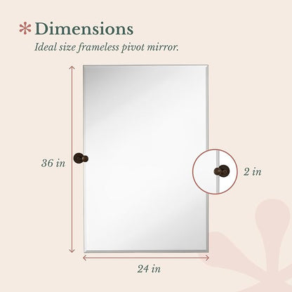 Hamilton Hills 24x36 inch Frameless Pivot Mirrors for Bathrooms with Oil Rubbed Bronze Rounded Wall Brackets | Rectangular Tilting & Farmhouse Wall-Mounted Vanity | Hangs Horizontally and Vertically