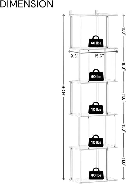 Acrylic Geometric Bookshelf for Small Spaces, 6-Tier Tall Clear S Shaped Bookcase, Modern Open Book Shelf for Living Room, Bedroom, Office, 9.3" D x 15.6" W x 61" H, Easy Assembly
