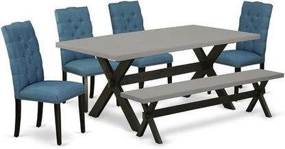 East West Furniture X697EL121-6 6 Piece Dining Set Contains a Rectangle Dining Room Table with X-Legs and 4 Blue Linen Fabric Parson Chairs with a Bench, 40x72 Inch, Multi-Color