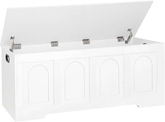 DINZI LVJ Storage Chest, 47.2”Wooden Storage Box with 2 Safety Hinges, Entryway Shoe Bench with Flip-Top, Large Trunk for Living Room, Bedroom, Easy Assembly, White