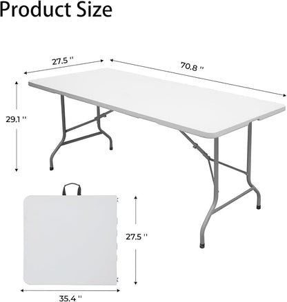Folding Table 6ft Plastic Folding Table Indoor & Outdoor for Picnic, Camping,BBQ and Party, with Powder Coated Steel Legs and Built in Carry Handle, White