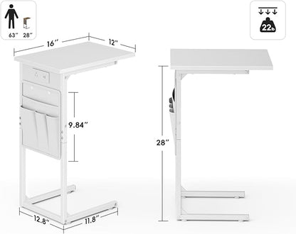 Vagusicc C Shaped End Table with Charging Station, Small Side Table for Couch, Couch Side Tables C Table, Slide Under Sofa Recliner Table TV Tray Arm Tables for Living Room, Bedroom, Bedside, White