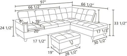 Black Grey L-Shaped 3-Piece Linen Sofa with Storage Ottoman Set, Sectional Couch Sofa Set for Living Room, Office, Small Space
