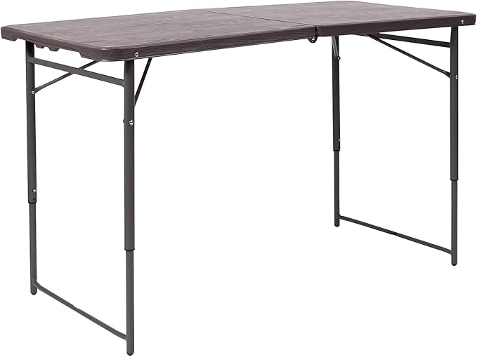 Flash Furniture Mills 4-Foot Height Adjustable Bi-Fold Brown Wood Grain Plastic Folding Table with Carrying Handle
