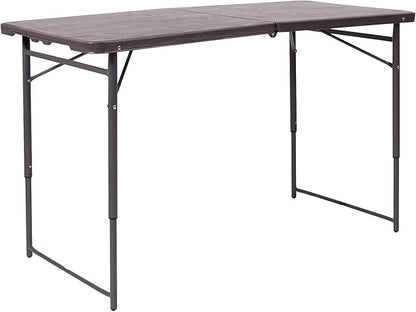 Flash Furniture Mills 4-Foot Height Adjustable Bi-Fold Brown Wood Grain Plastic Folding Table with Carrying Handle